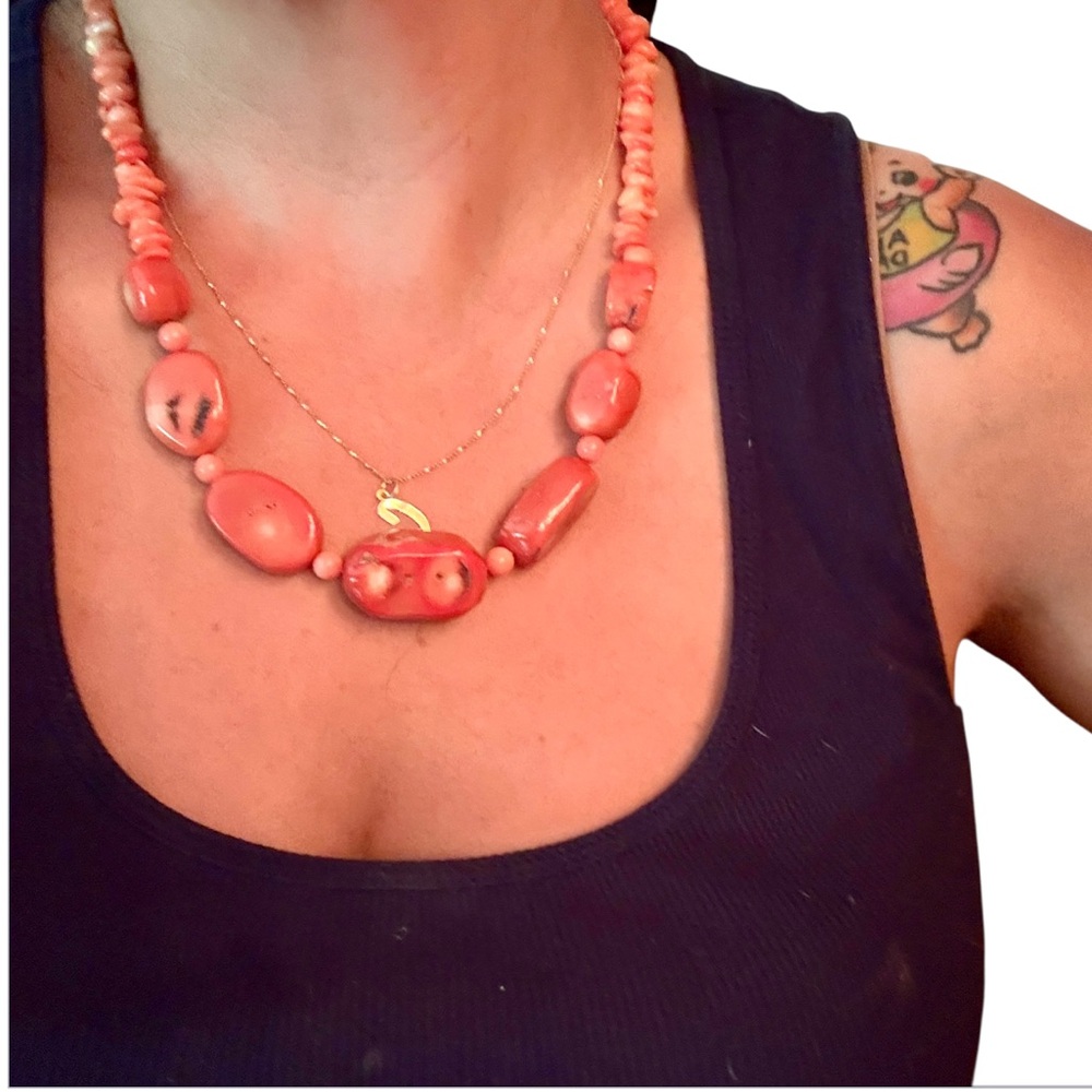 Y2K Boho Red Bamboo Coral Necklace Heavy, NYC Boutique Jewelry, 18” W/ Extender